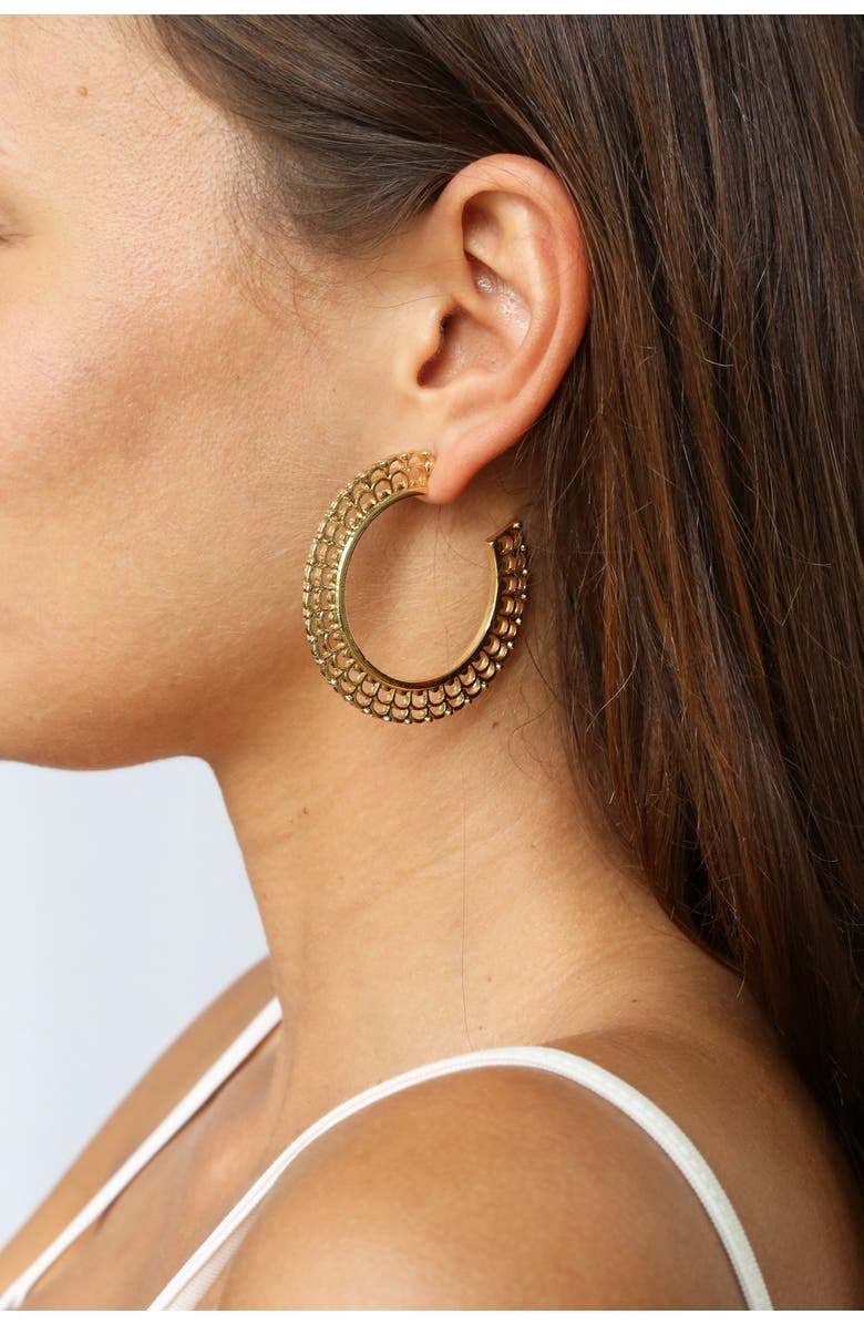 Ettika Ornate Gold Flat 50mm Hoop Earrings, Main, color, Gold