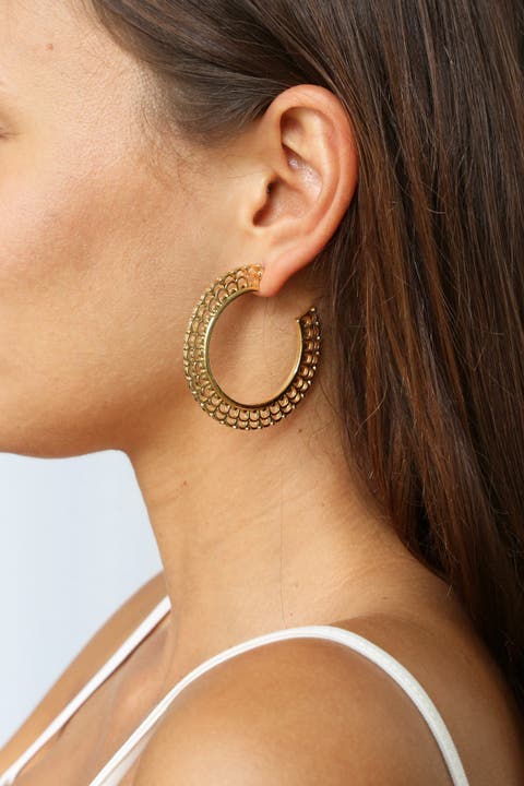 Ornate Gold Flat 50mm Hoop Earrings