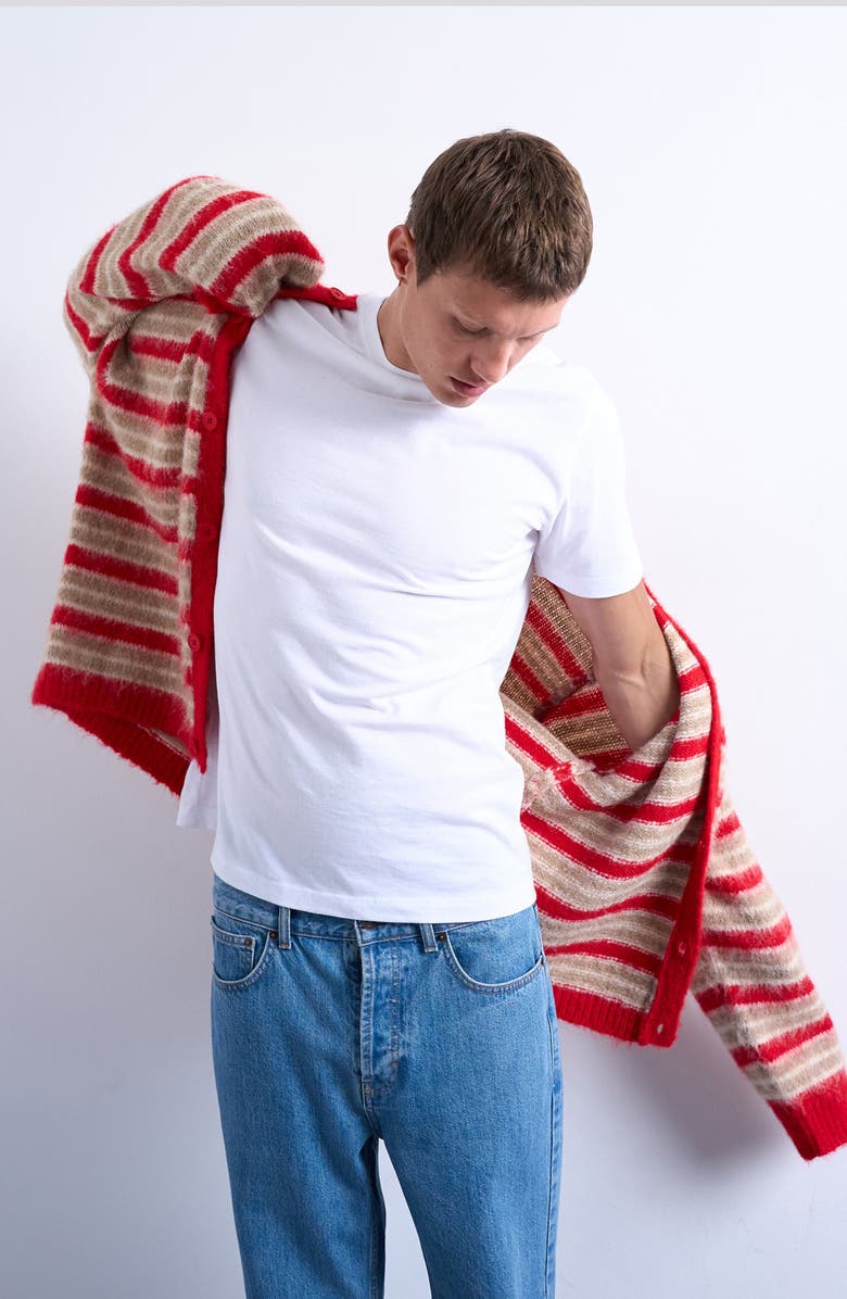 Topman Fluffy Stripe Crewneck Cardigan, Alternate, color, Red