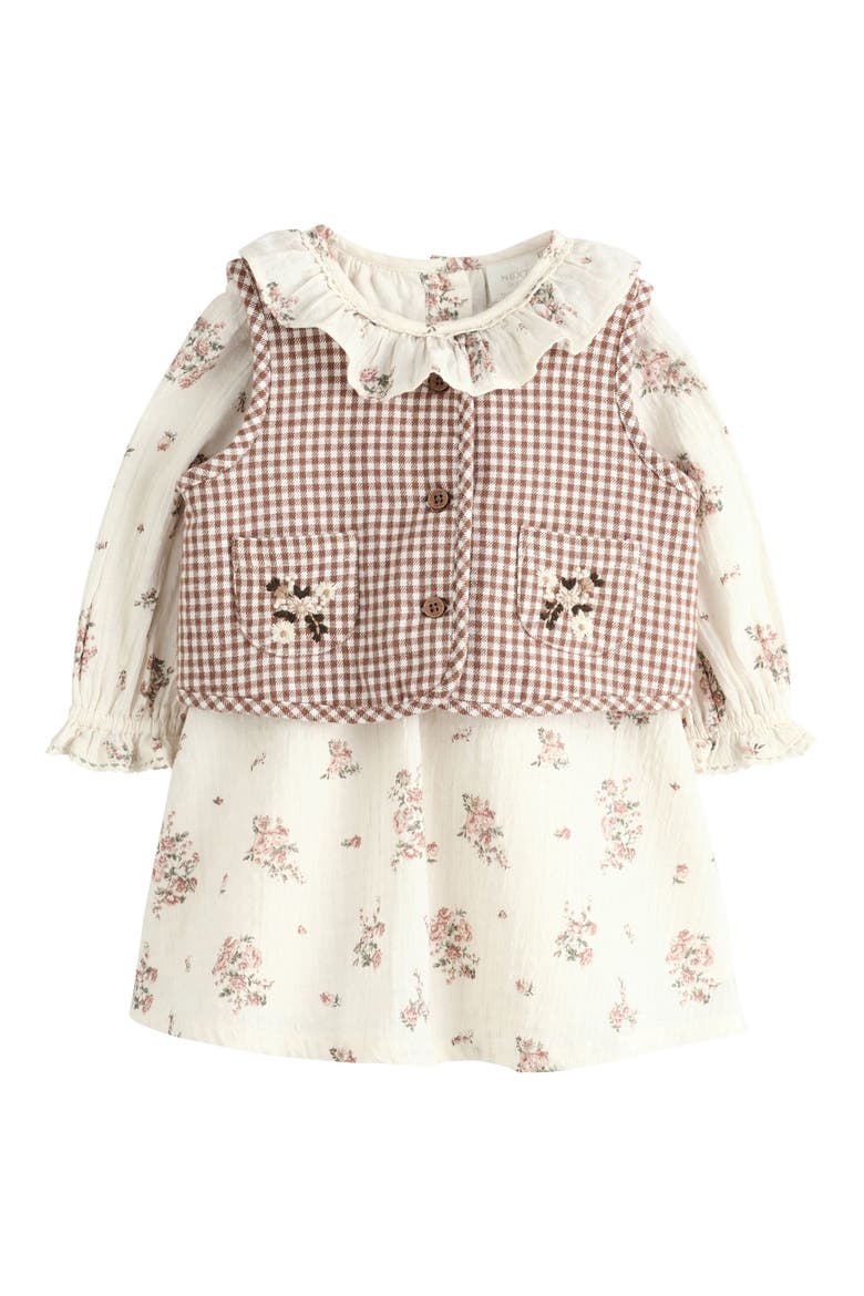 Kids' 3-Piece Floral Dress, Gingham Gilet & Tights Set, Alternate, color, NEUTRAL
