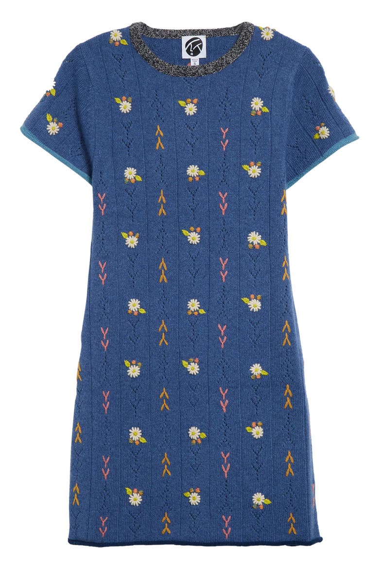 Daisy Embroidered Pointelle Knit Wool Sweater Dress, Alternate, color, DENIM DARK