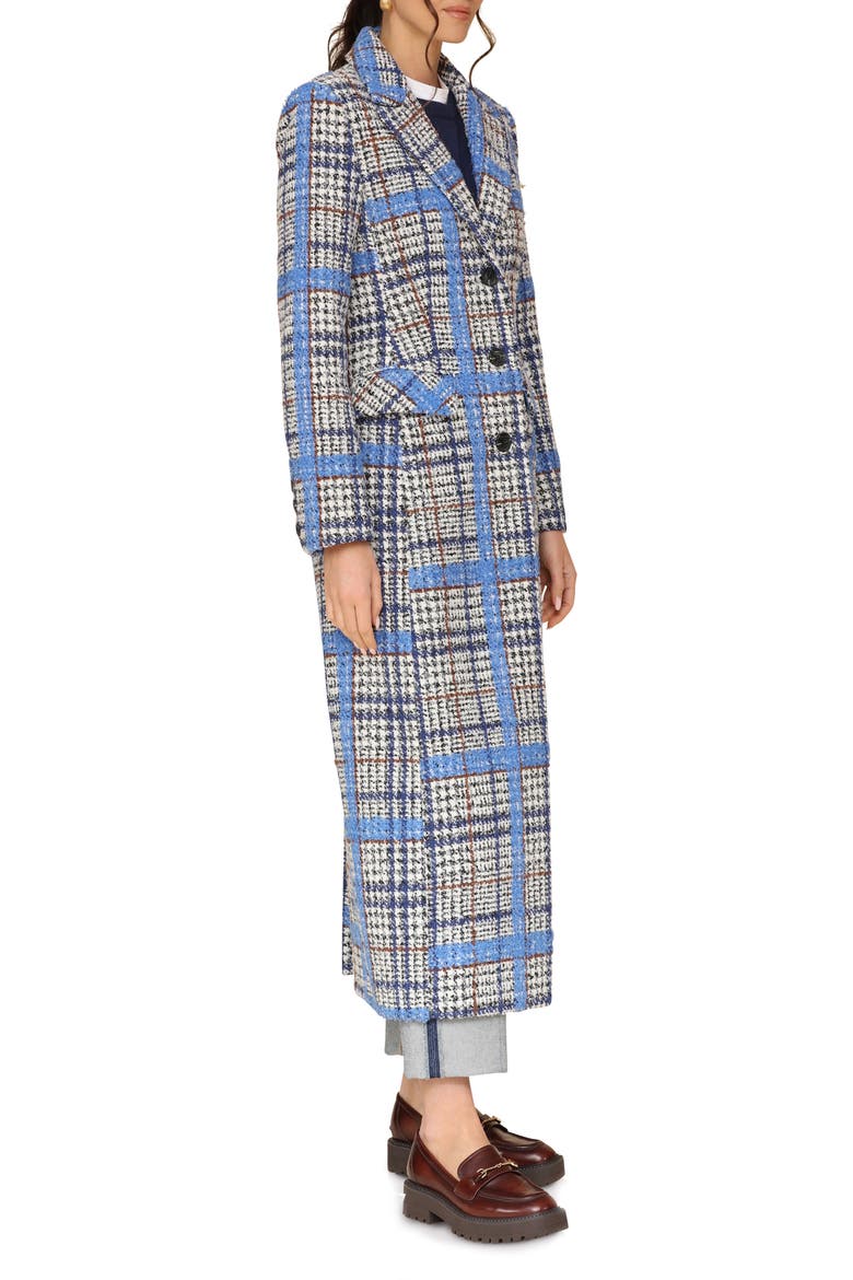 Plaid Tweed Long Coat, Alternate, color, GREY/ BLUE PLAID