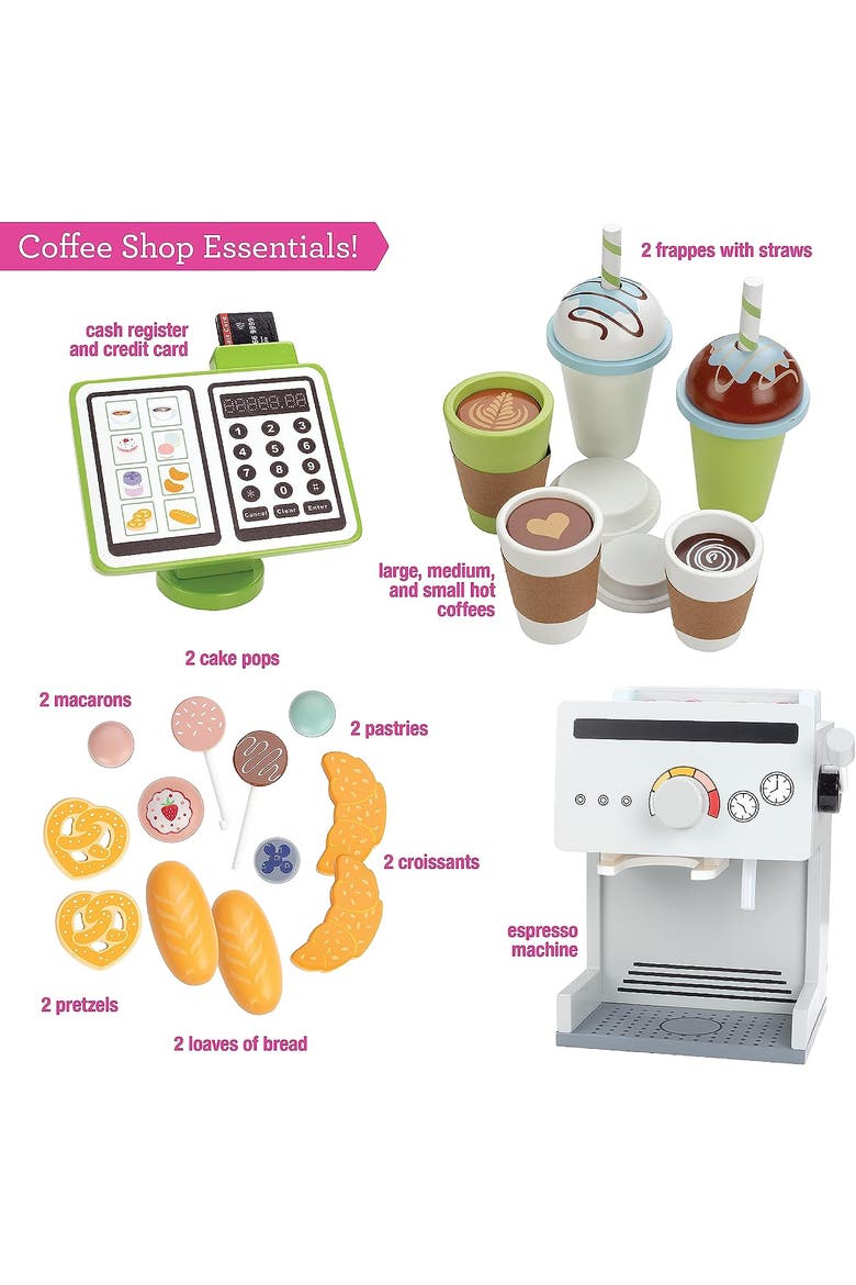 Coffee Shop Wooden Playset - Drive Thru Window Fun - 25 Pieces, Includes Frappuccino w Straws, Espresso Maker, Bread, Pastries, and more!, Alternate, color, Green