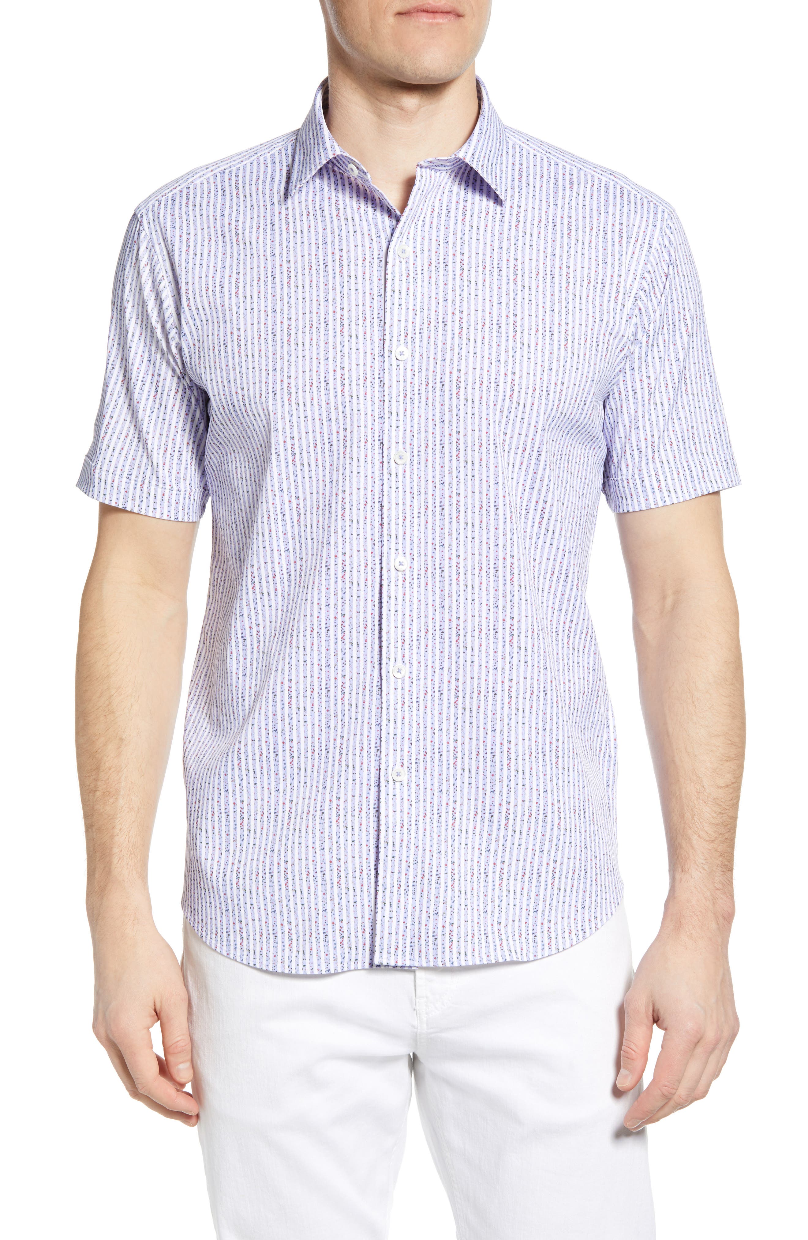Bugatchi Shaped Fit Stripe Short Sleeve Button-Up Shirt