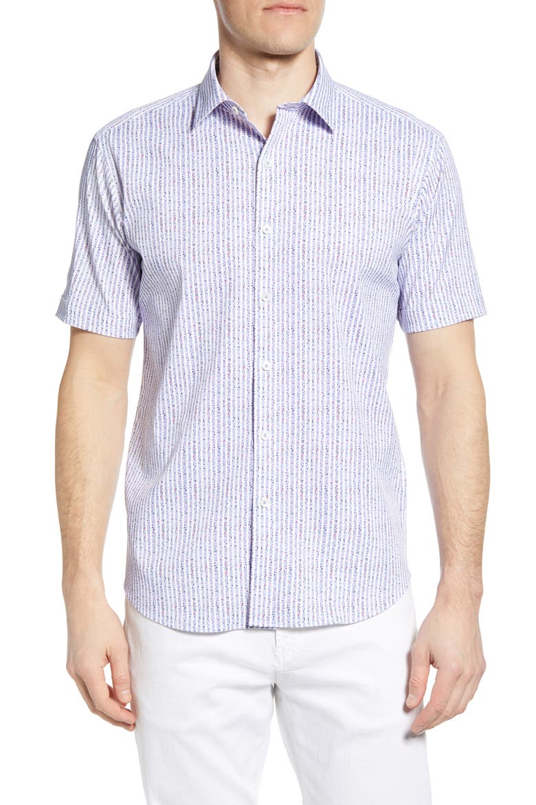 Shaped Fit Stripe Short Sleeve Button-Up Shirt, Main, color, AIR BLUE