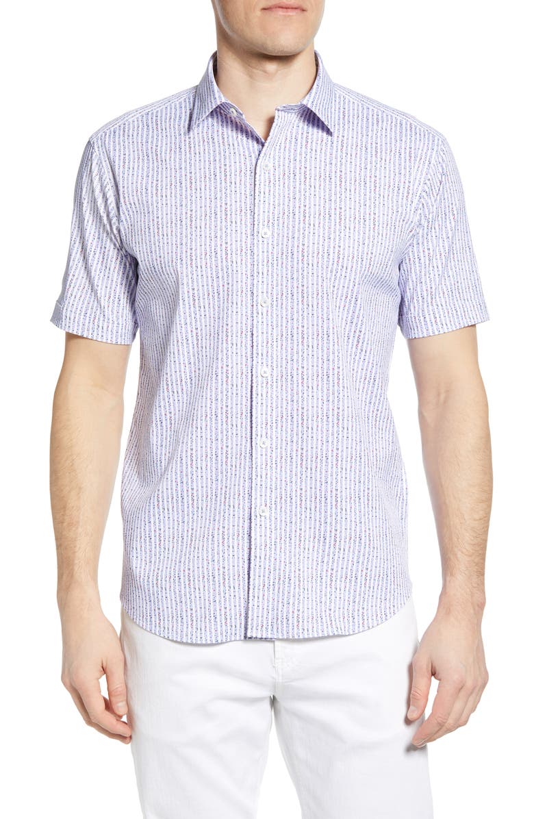 Bugatchi Shaped Fit Stripe Short Sleeve Button-Up Shirt, Main, color, Air Blue