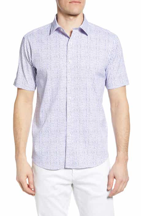 Bugatchi Shaped Fit Stripe Short Sleeve Button-Up Shirt