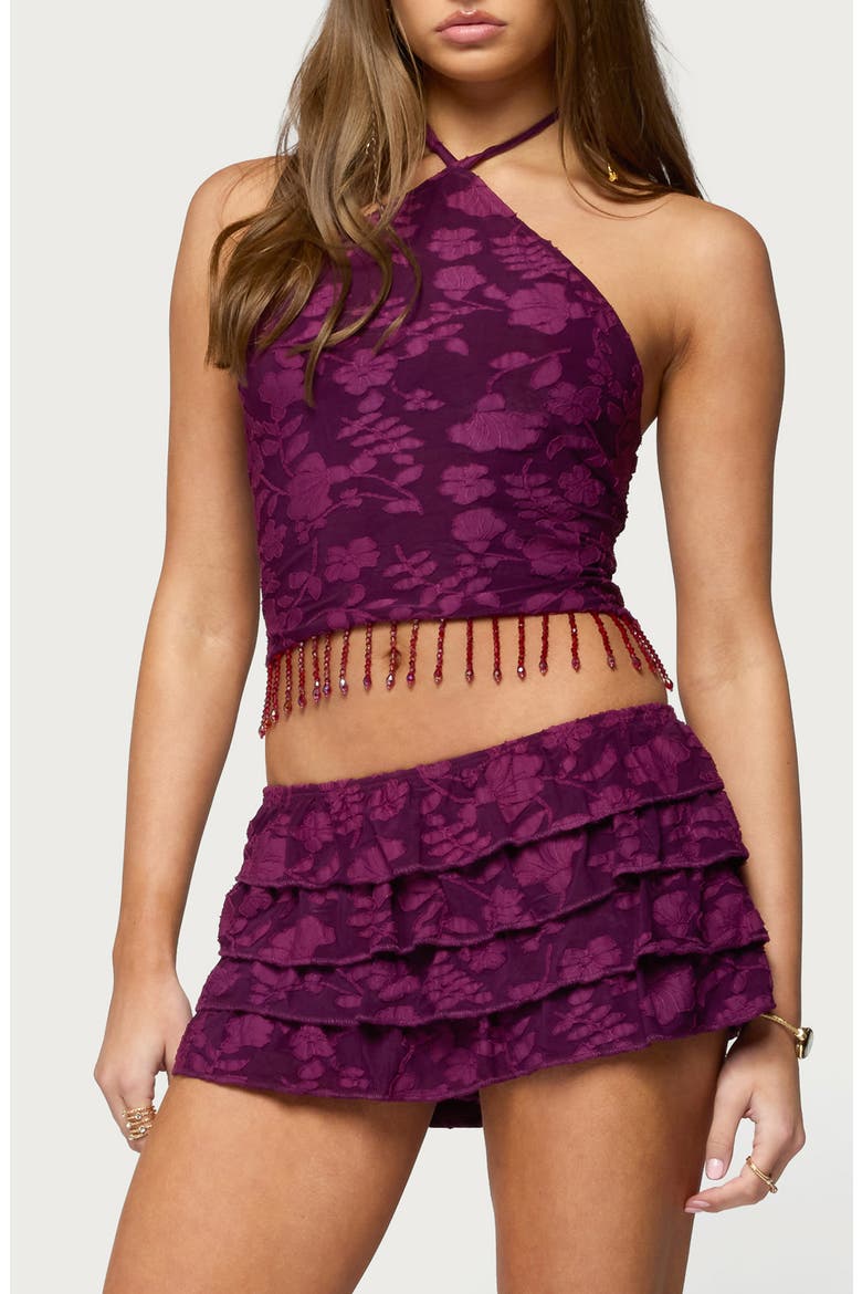 Keyla Floral Jacquard Beaded Fringe Halter Top, Alternate, color, PLUM