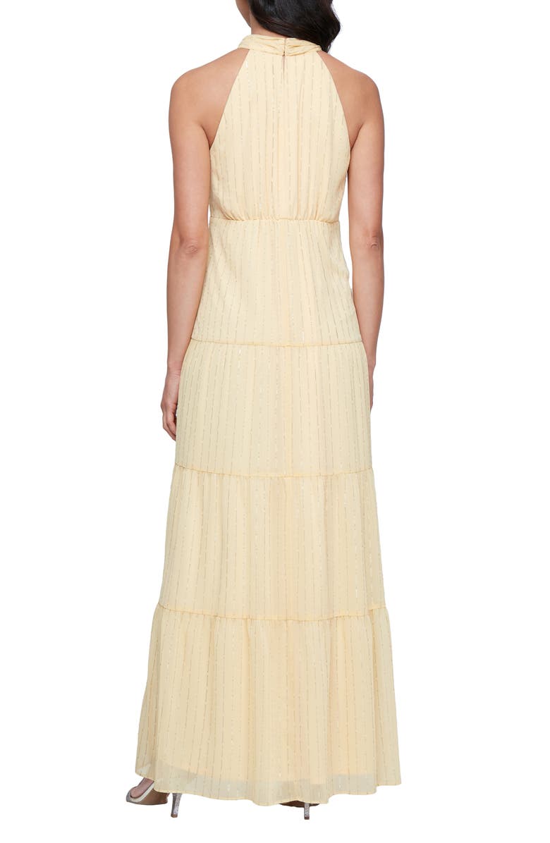 SL FASHIONS Sparkle Stripe Tiered Halter Gown, Alternate, color, Pale Yellow
