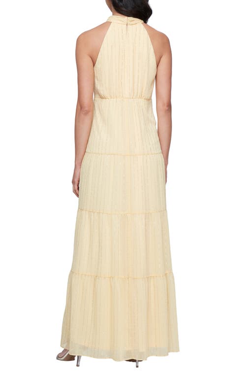 Sl Fashions Sparkle Stripe Tiered Halter Gown In Pale Yellow