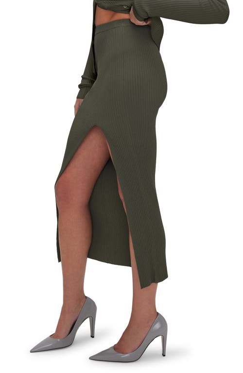 Good American Shine Ribbed Slit Midi Skirt In Brown
