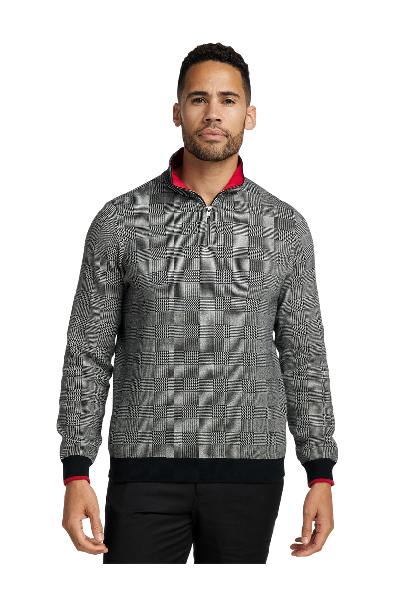Cotton Quarter Zip Mock Neck Sweater, Alternate, color, BLACK/WHITE GLEN PLAID