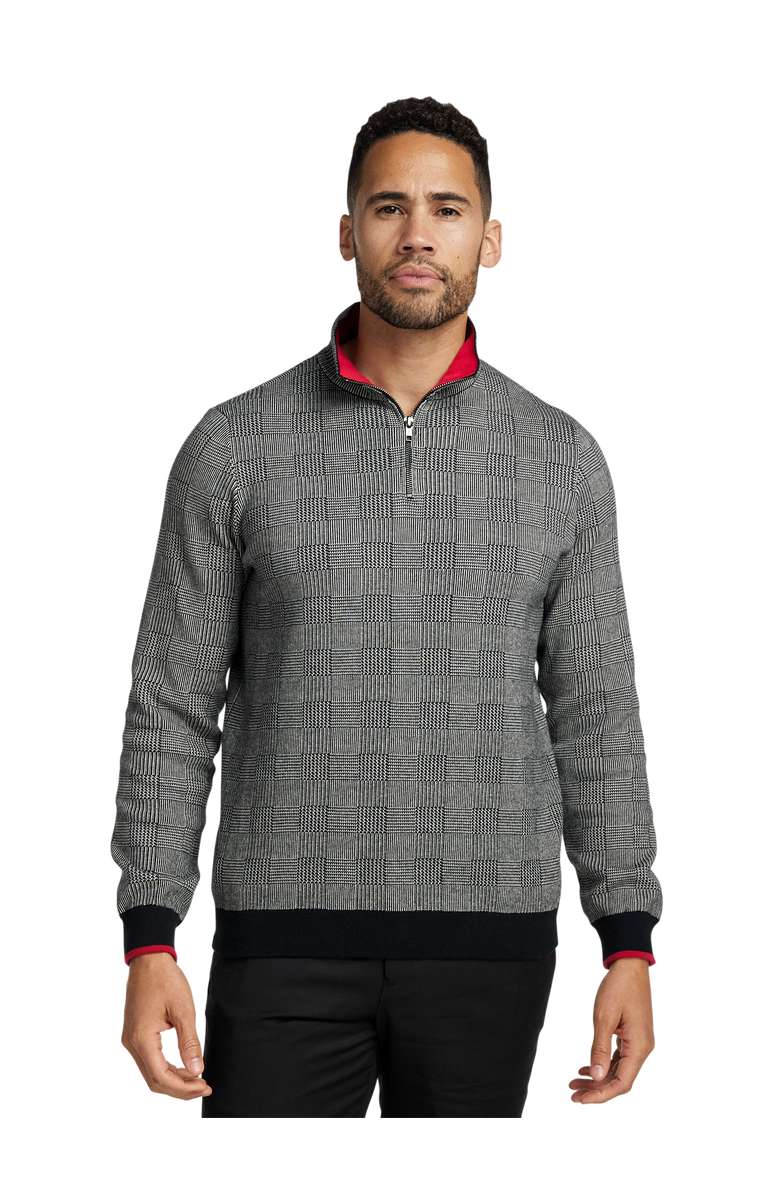 Paul Fredrick Cotton Quarter Zip Mock Neck Sweater, Alternate, color, Black/White Glen Plaid