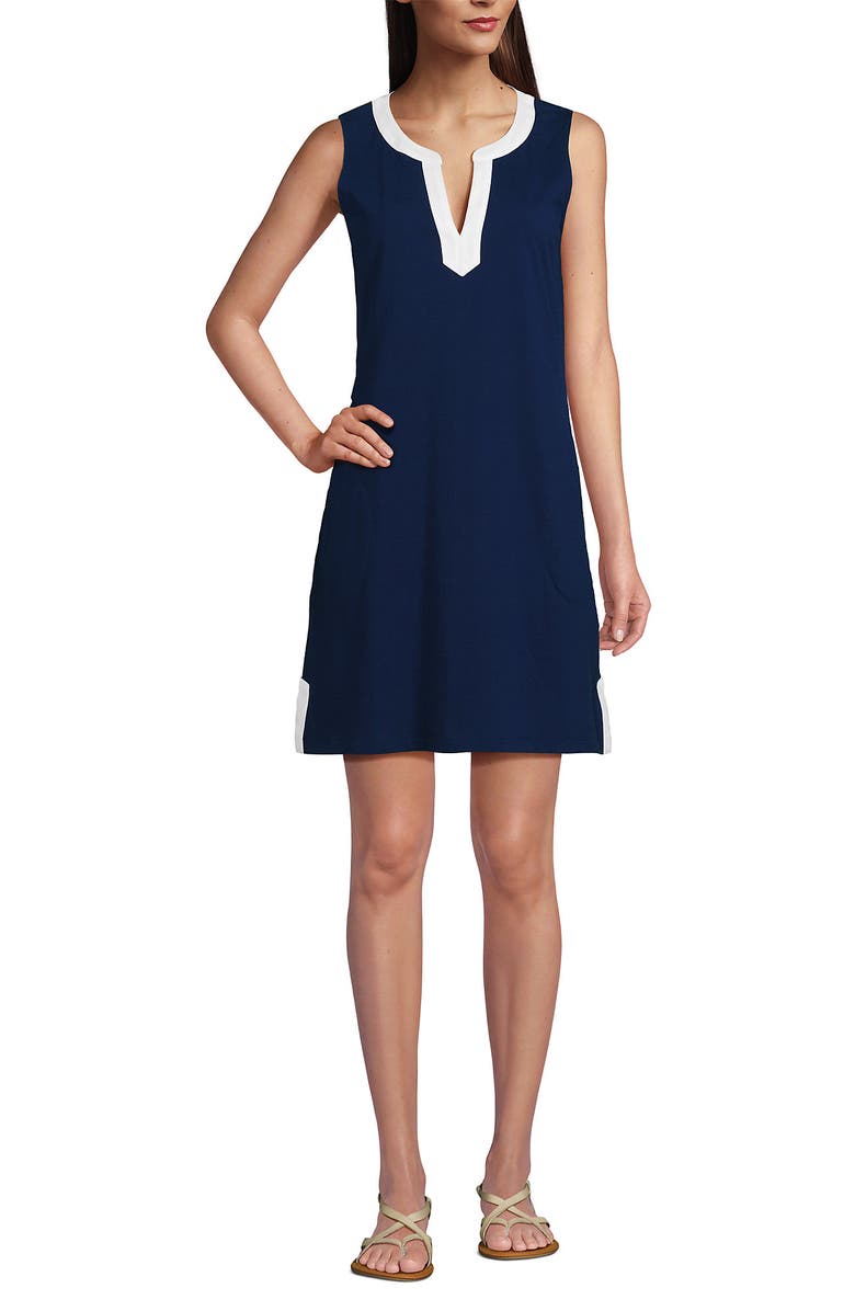 Lands' End Cotton Jersey Notch Neck Dress with Soutache, Main, color, Deep Sea Navy/White