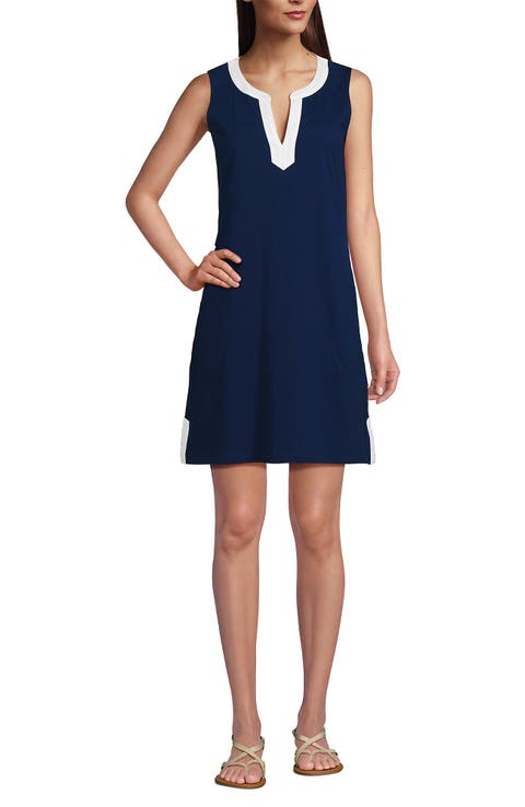 Lands' End Cotton Jersey Notch Neck Dress with Soutache