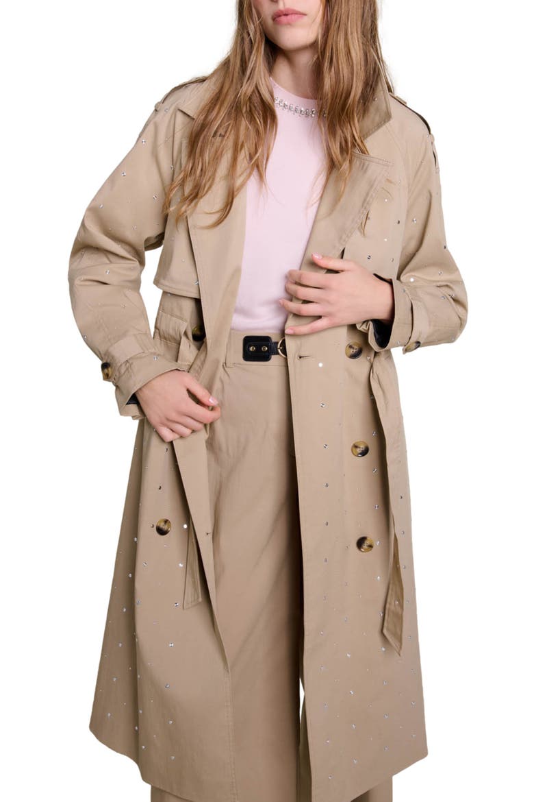 Studded elastic waist trench coat, Alternate, color, Beige