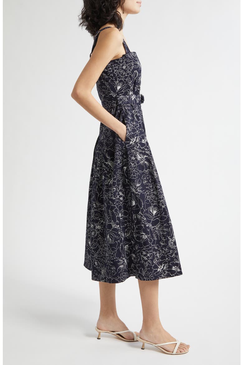 Branwen Garden Doodle Belted Denim A-Line Midi Dress, Alternate, color, NAVY/ WHITE