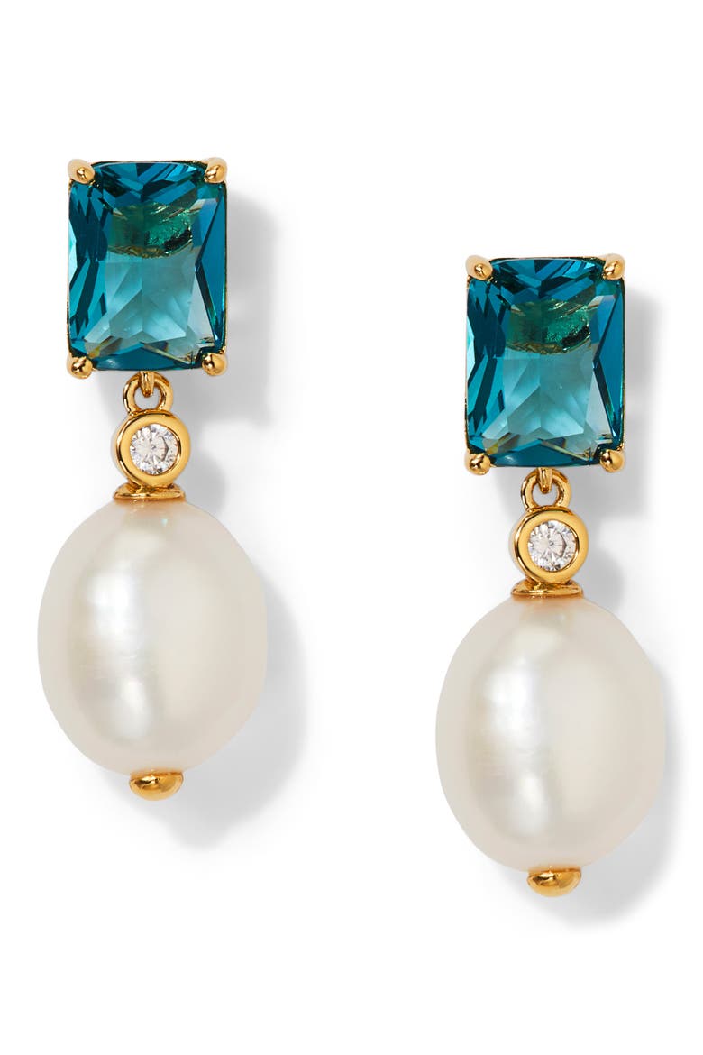 Blue Lagoon Cubic Zirconia & Freshwater Pearl Drop Earrings, Main, color, GOLD