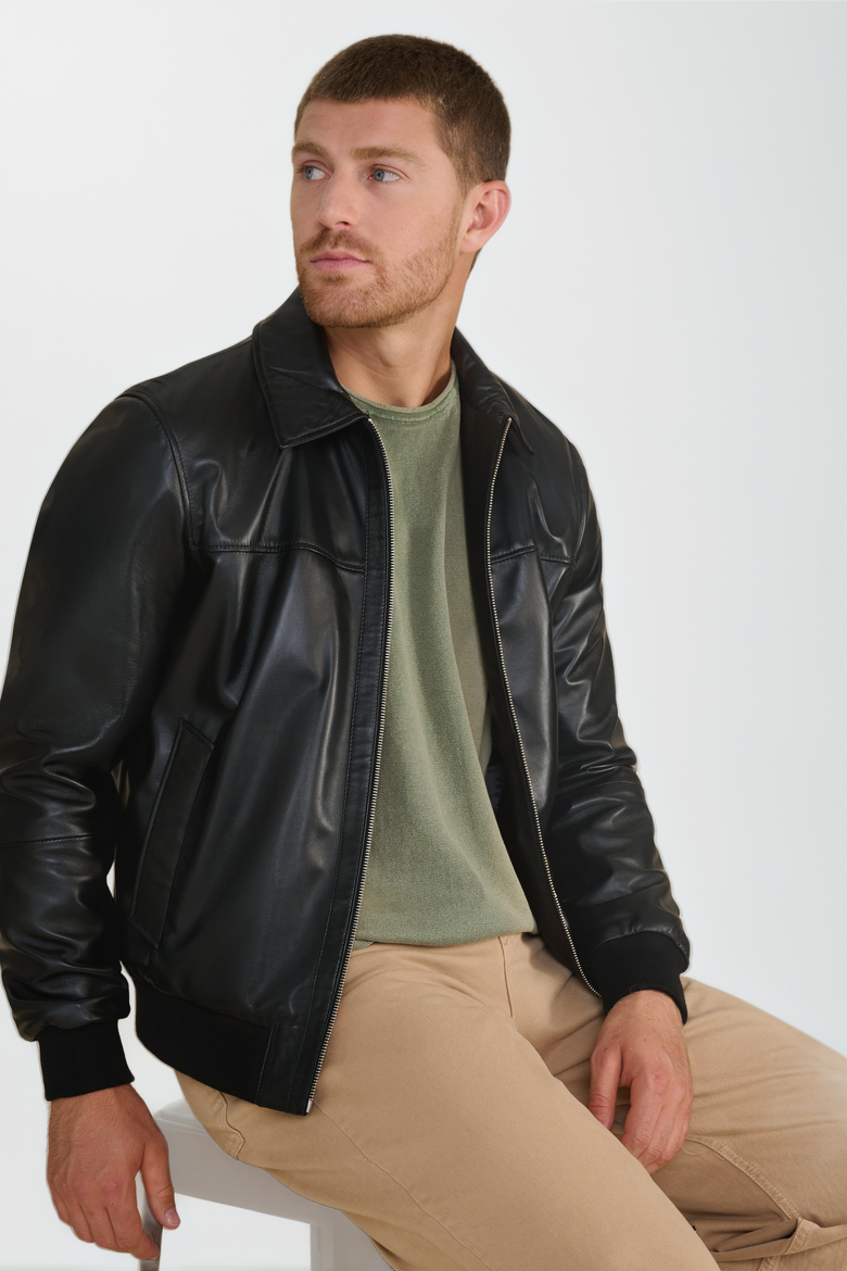 Mason Leather Bomber Jacket, Alternate, color, Black