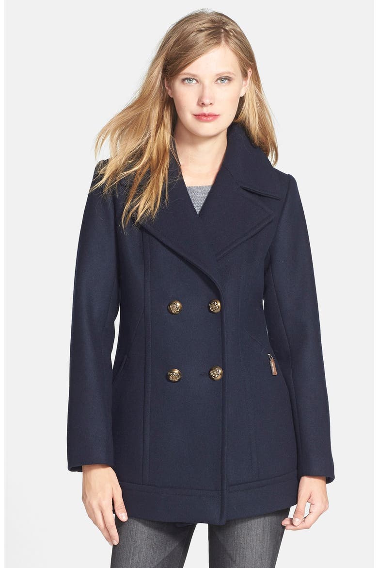 Double Breasted Wool Blend Peacoat, Main, color, BLACK