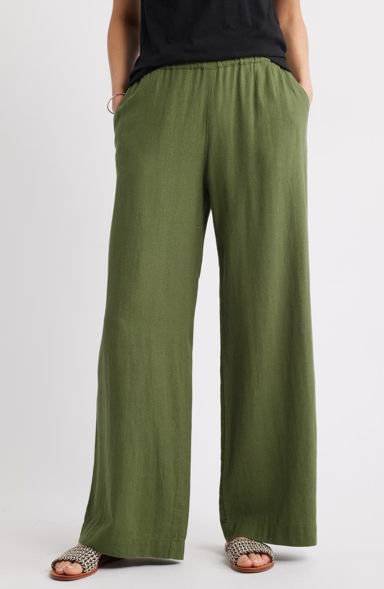 Caslon<sup>®</sup> Wide Leg Pull-On Linen Blend Pants, Main, color, Green Bronze