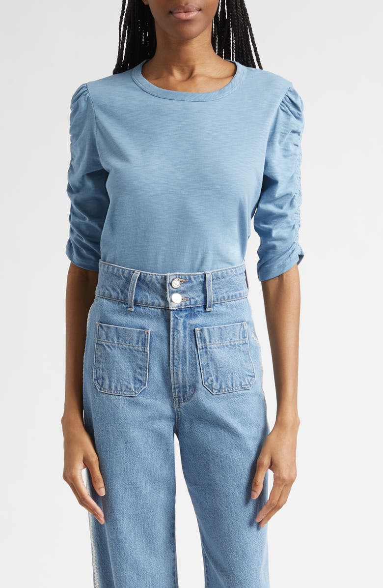 Veronica Beard Waldorf Ruched Sleeve Top, Main, color, Blue River