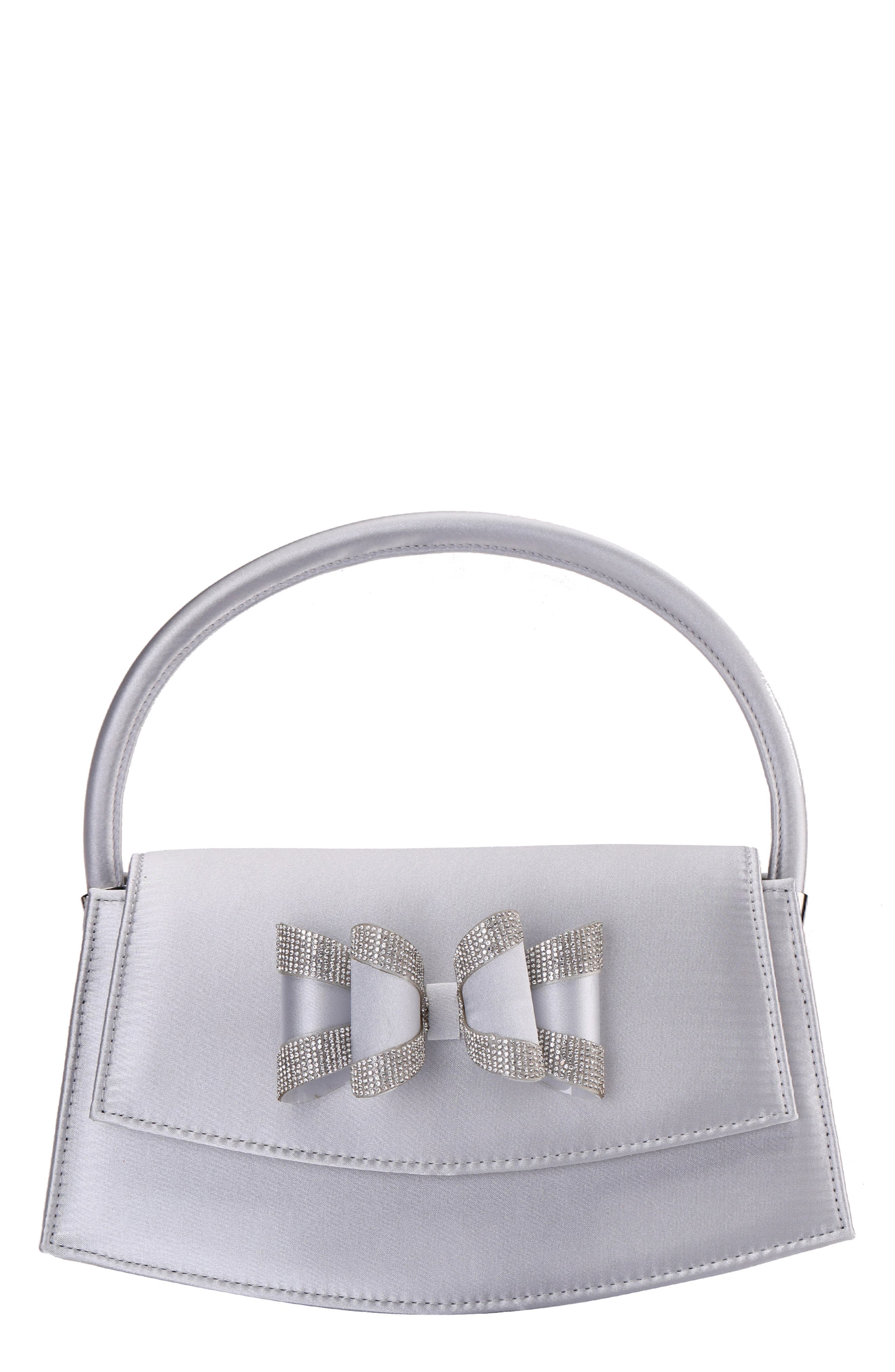 Fantasy Bow Satin Clutch, Main, color, SILVER