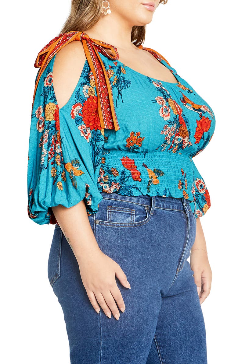 City Chic Venice Floral Print Smocked Waist Crop Top, Alternate, color, 