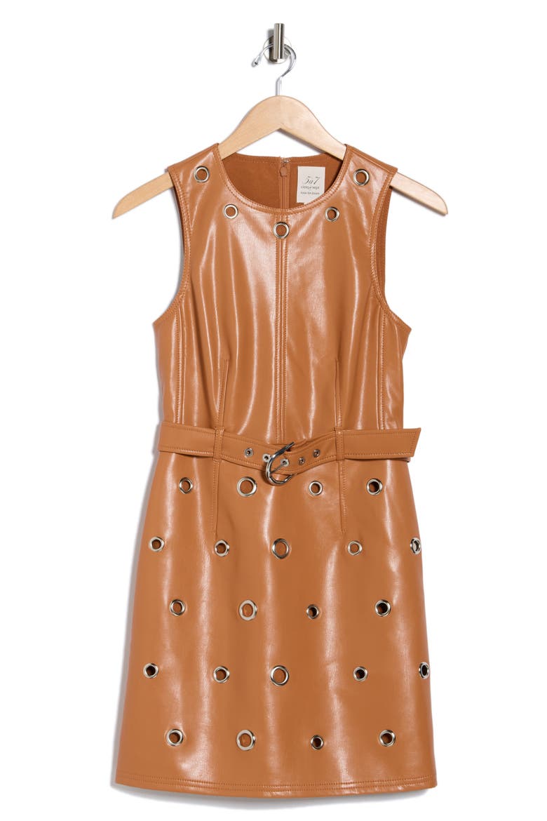 Harriet Grommet Belted Faux Leather Dress, Alternate, color, CHESTNUT BROWN