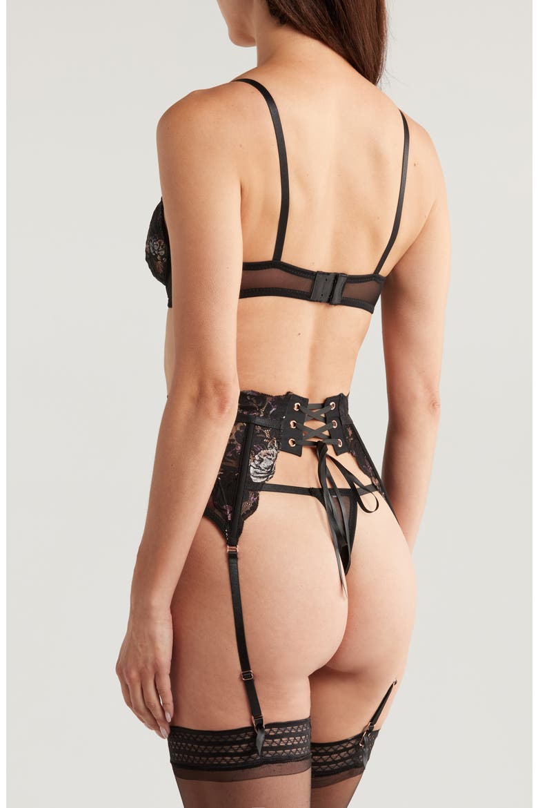 Lace Underwire Bra, G-String & Garter Belt Set, Alternate, color, BLACK