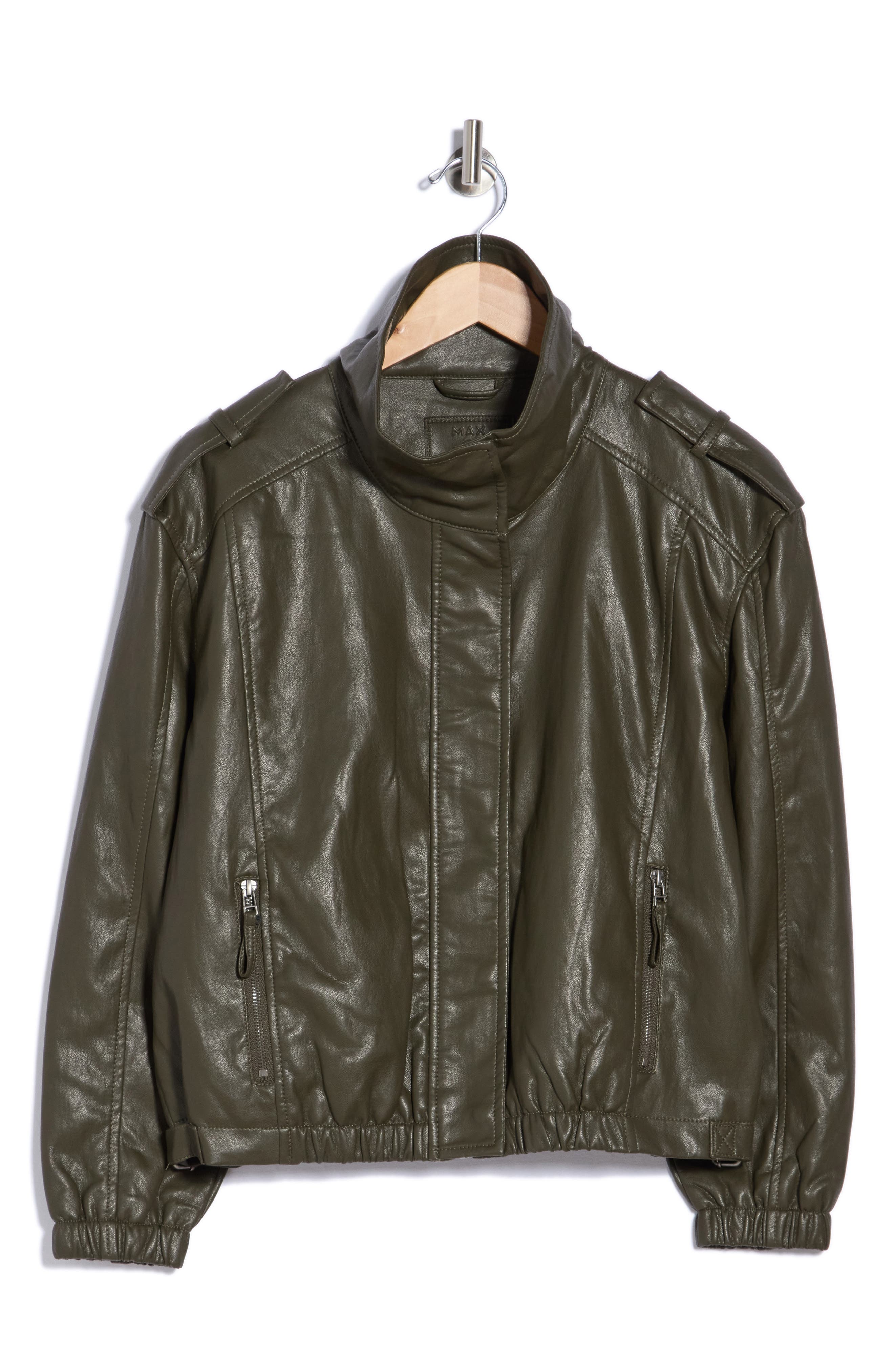 Max Studio Faux Leather Bomber Jacket In Green