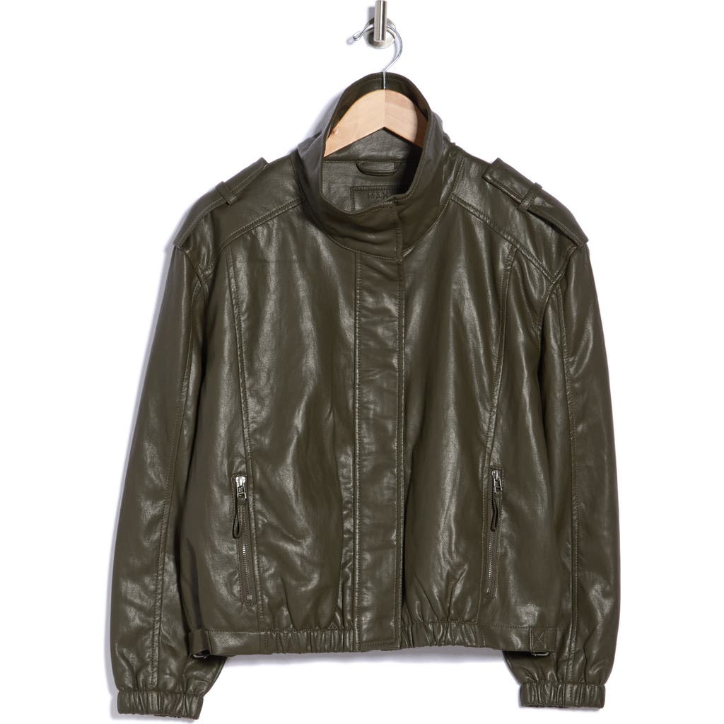 Max Studio Faux Leather Bomber Jacket In Green