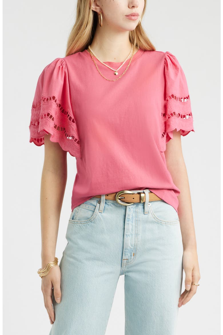 Flutter Sleeve Eyelet Top, Main, color, PINK CARMINE