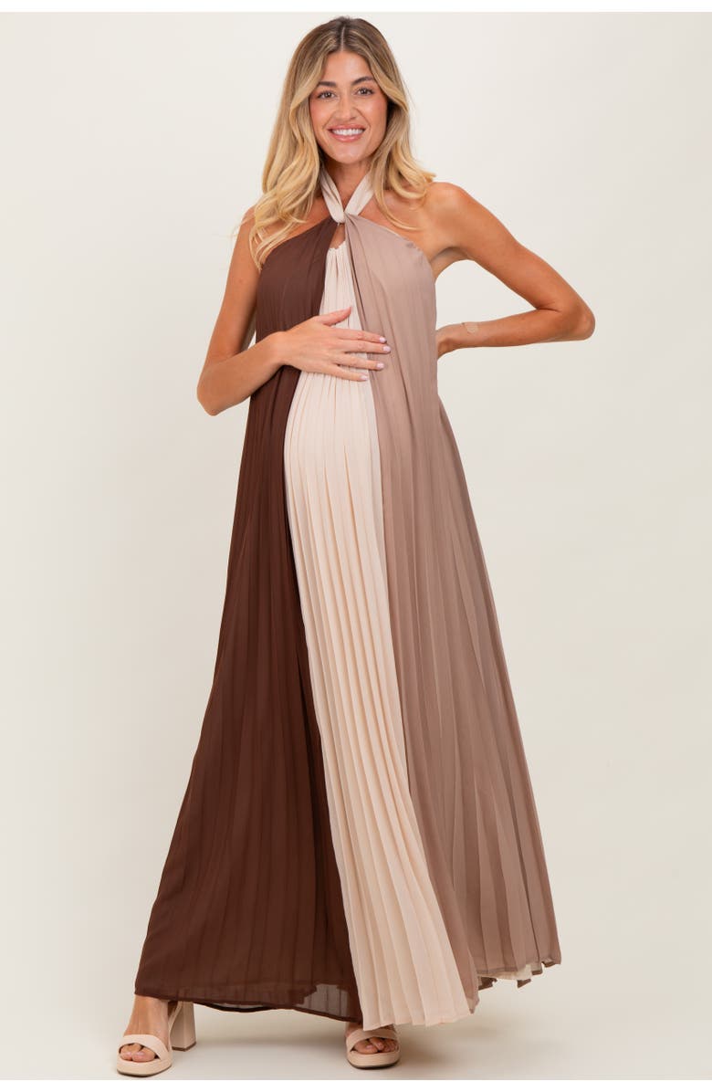 PinkBlush Colorblock Pleated Halter Neck Maxi Dress, Main, color, Brown