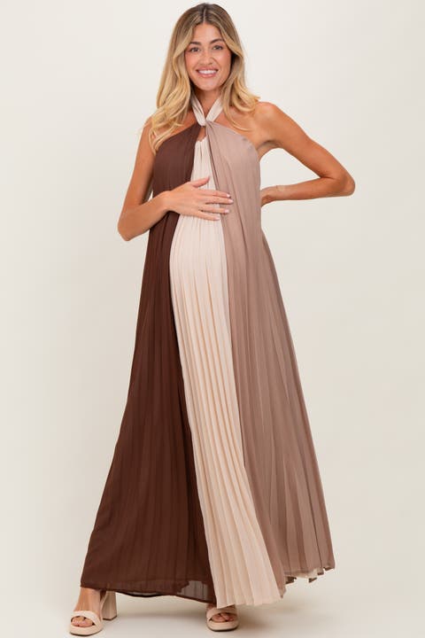 Colorblock Pleated Halter Neck Maxi Dress