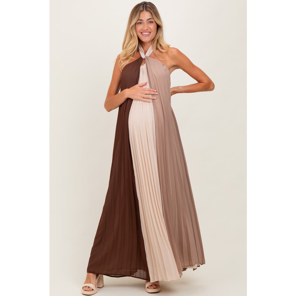 Pinkblush Colorblock Pleated Halter Neck Maxi Dress In Brown