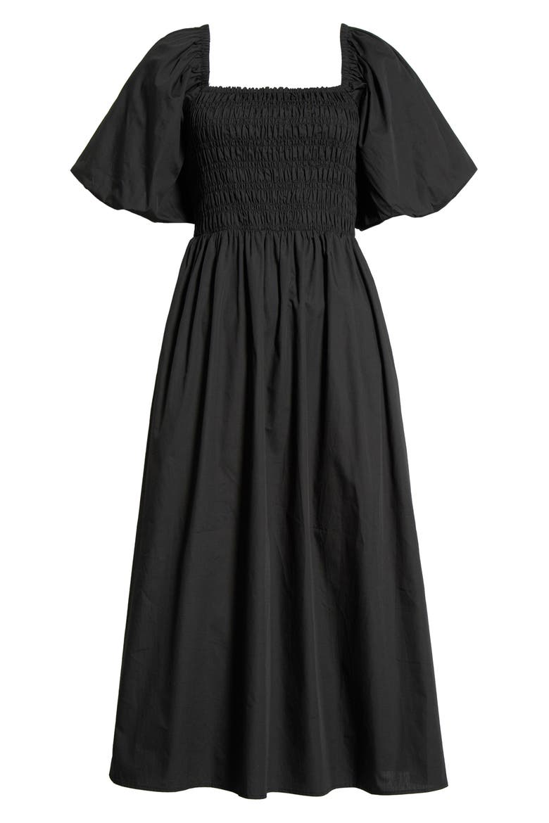 Sonia Bubble Sleeve Smocked Midi Dress, Alternate, color, BLACK