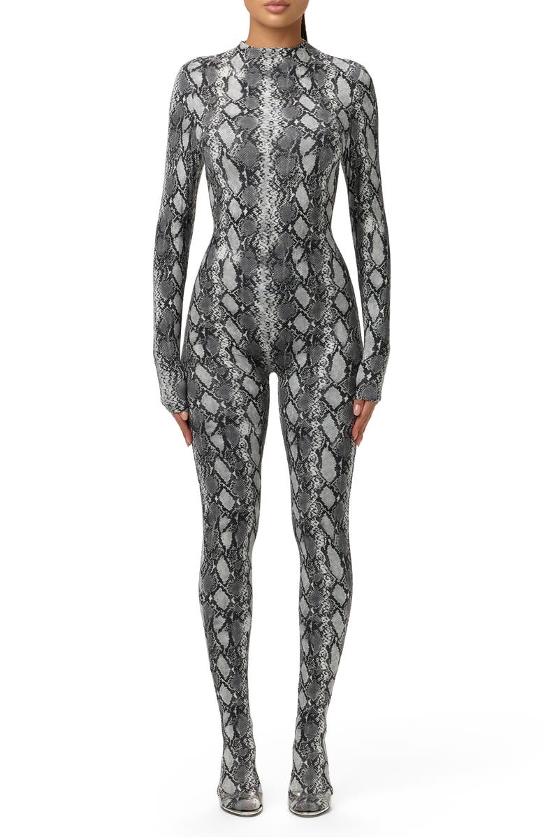 Naked Wardrobe Animal Print Closed Toe Jumpsuit, Main, color, Grey Snakeskin