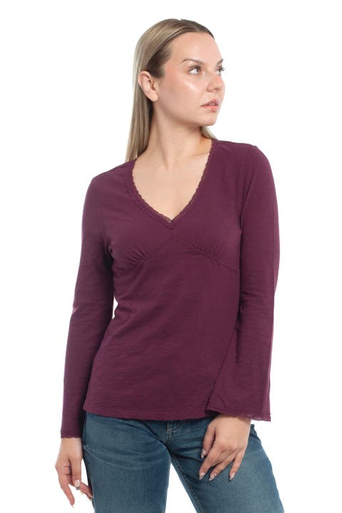 V-Neck Long Sleeve Empire Seam Trapeze Tee with Lace Trims