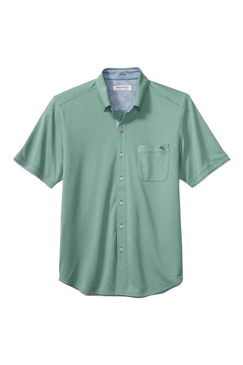 San Lucio Lotus Happy Hour IslandZone® Short Sleeve Cotton Blend Button-Up Shirt, Main, color, GREEN
