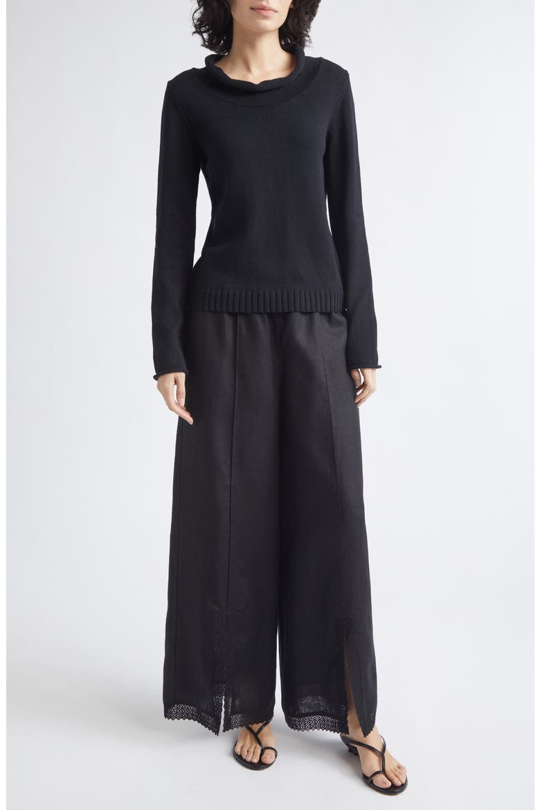 Alfie Lace Trim Wide Leg Linen Pants, Alternate, color, BLACK