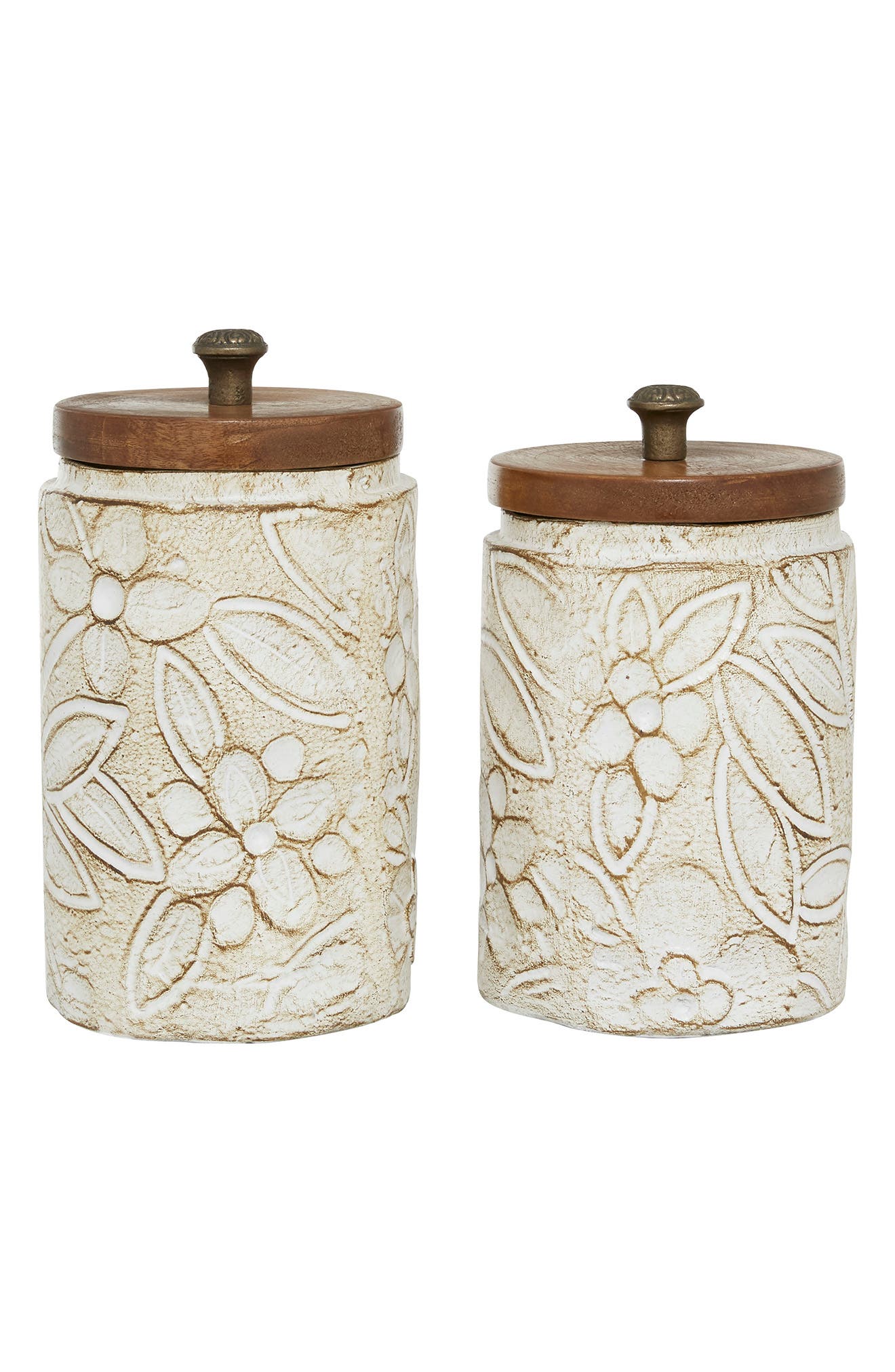 SONOMA SAGE HOME White Ceramic Handmade Intricately Carved Decorative Jar with Wood Lid - Set of 2