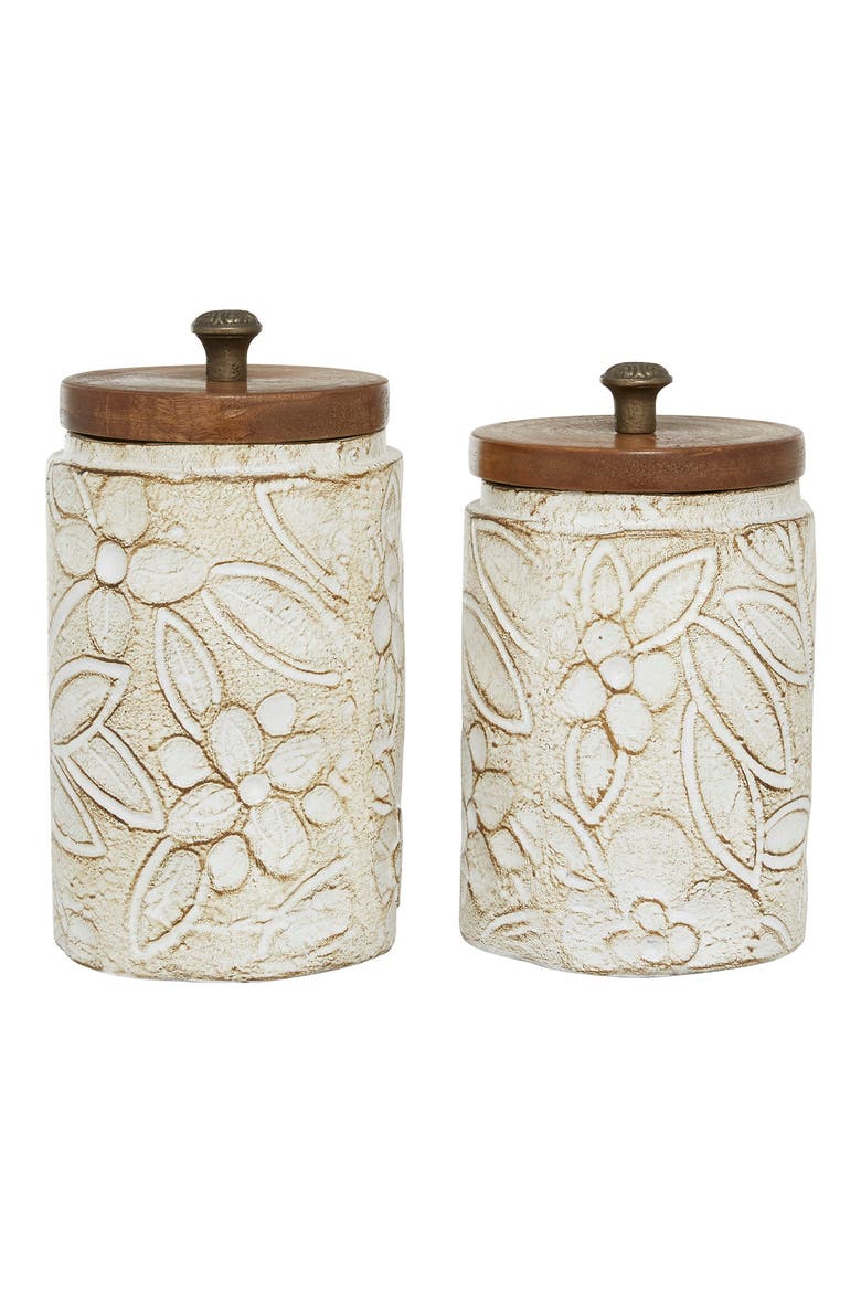 White Ceramic Handmade Intricately Carved Decorative Jar with Wood Lid - Set of 2, Main, color, WHITE