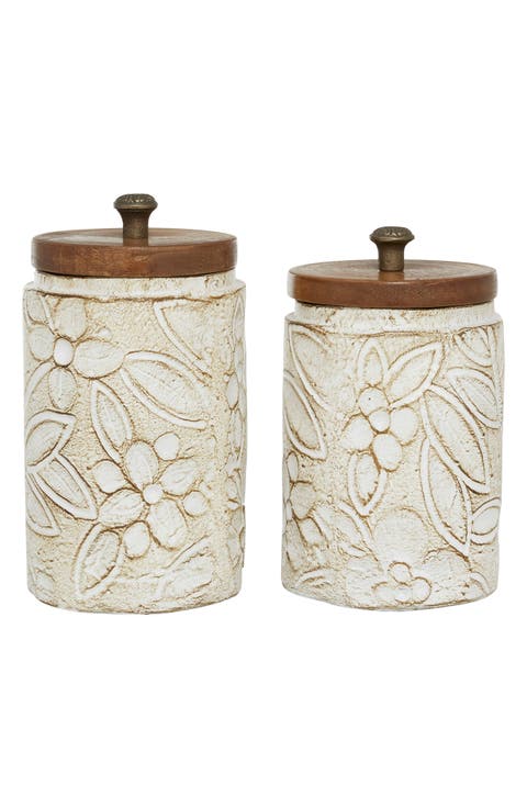 White Ceramic Handmade Intricately Carved Decorative Jar with Wood Lid - Set of 2