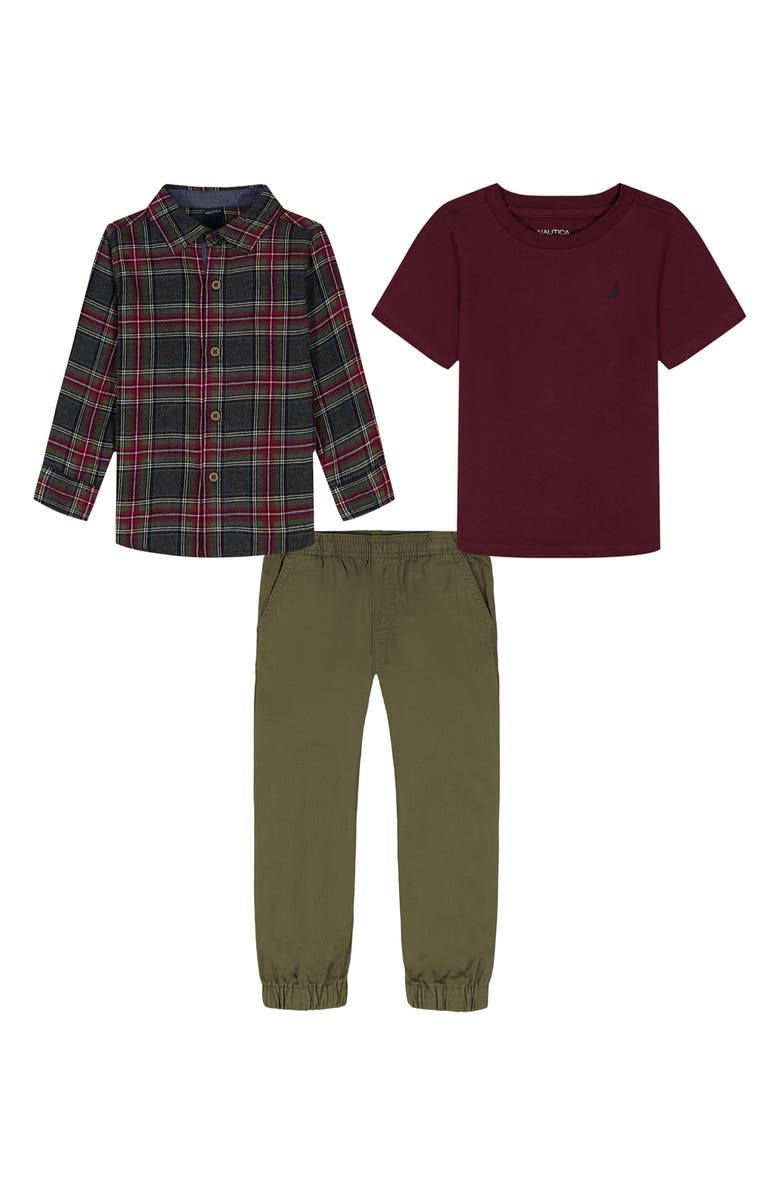Nautica Kids' T-Shirt, Flannel & Pull-On Pants Set, Main, color, Green
