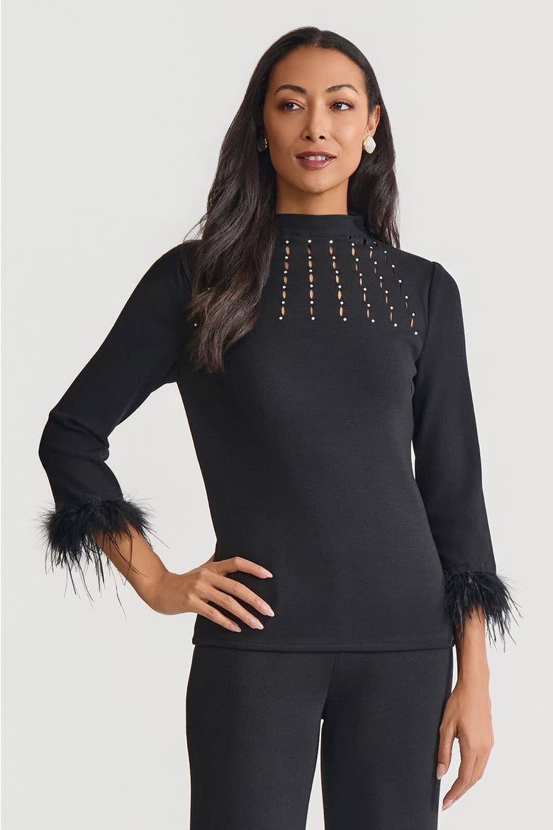 Embellished High Neck Soft Knit Top, Main, color, Black/White