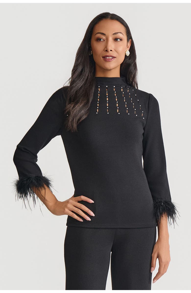 Ming Wang Embellished High Neck Soft Knit Top, Main, color, Black/White