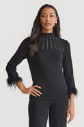 Ming Wang Embellished High Neck Soft Knit Top