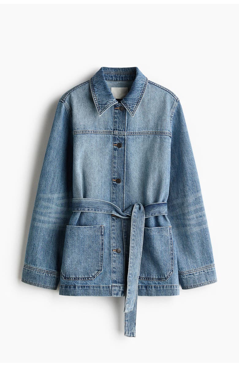 H&M Tie-belt denim jacket, Alternate, color, Denim Blue