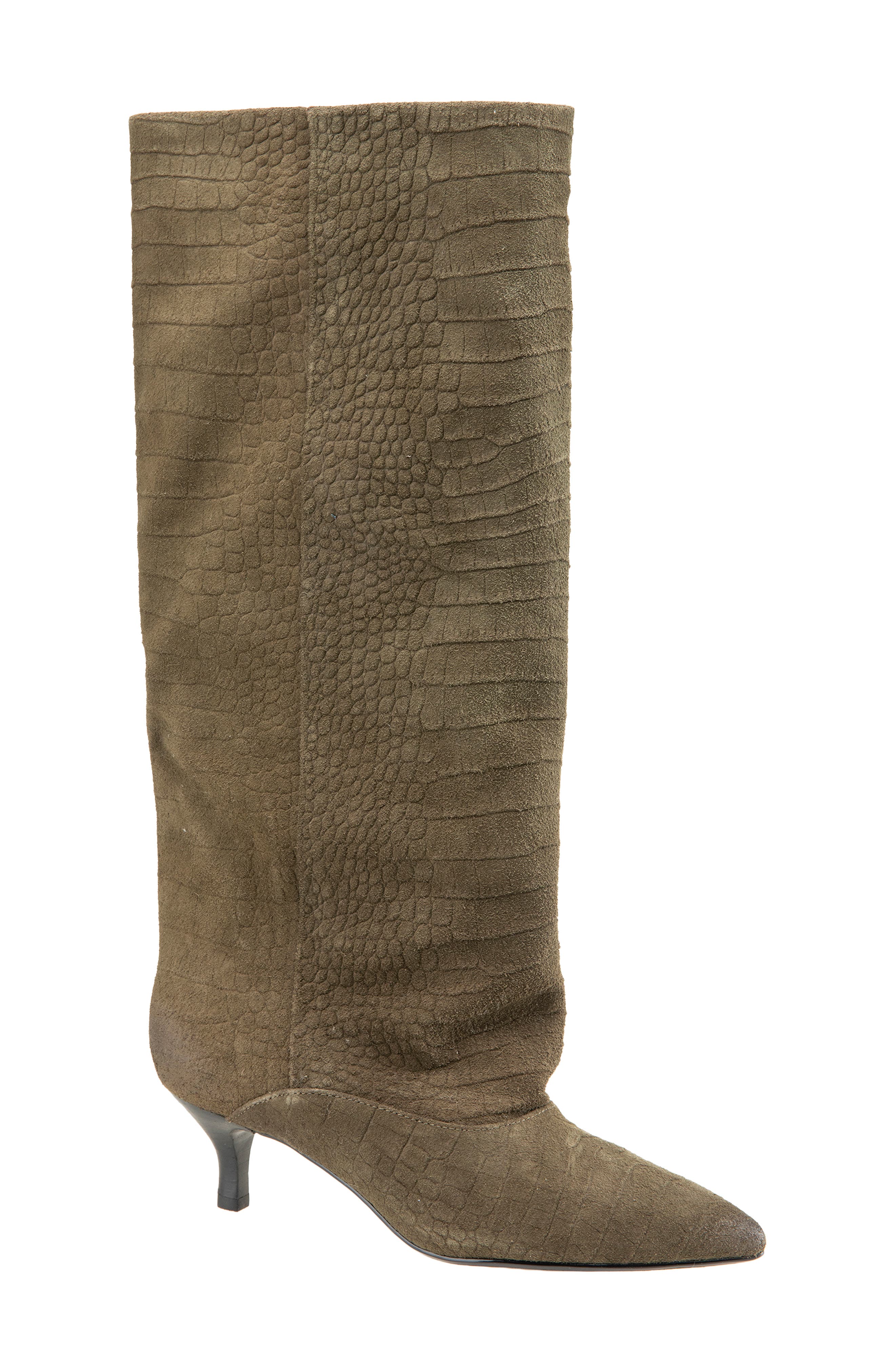 Brisbane Kitten Heel Pointed Toe Knee High Boot, Main, color, OLIVE EMBOSSED SUEDE
